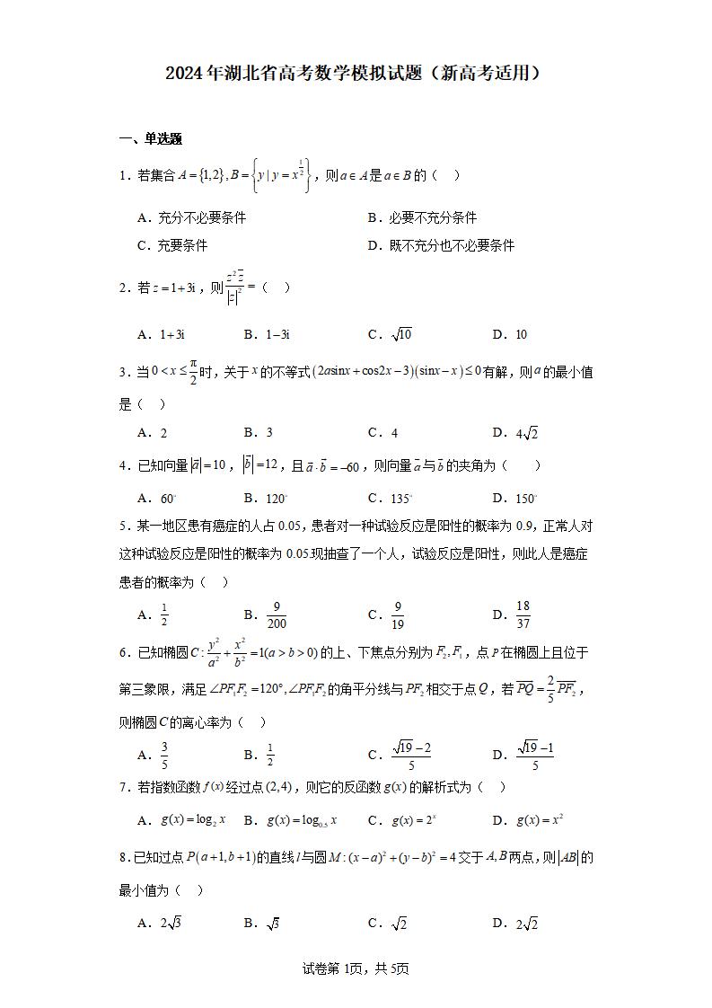 2024年湖北省高考数学模拟试题（新高考适用）_01