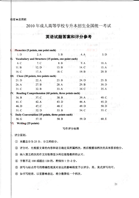 2010年成人高考专升本英语试题及答案