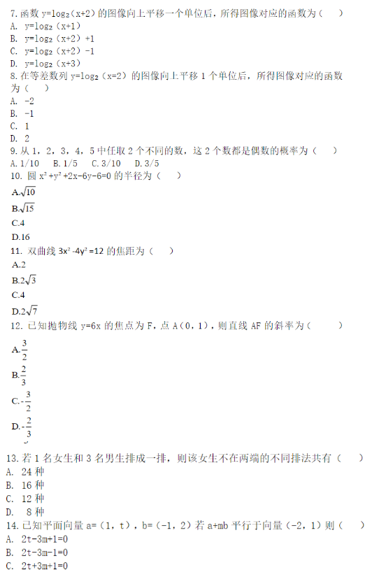 2018年成人高考高起点数学（文）考试真题及答案