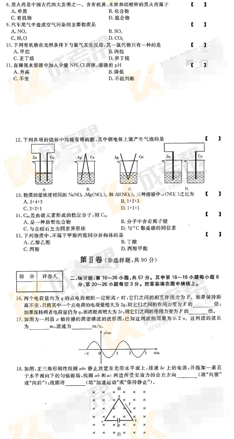 2017年成人高考高起点理化综合考试真题及答案解析